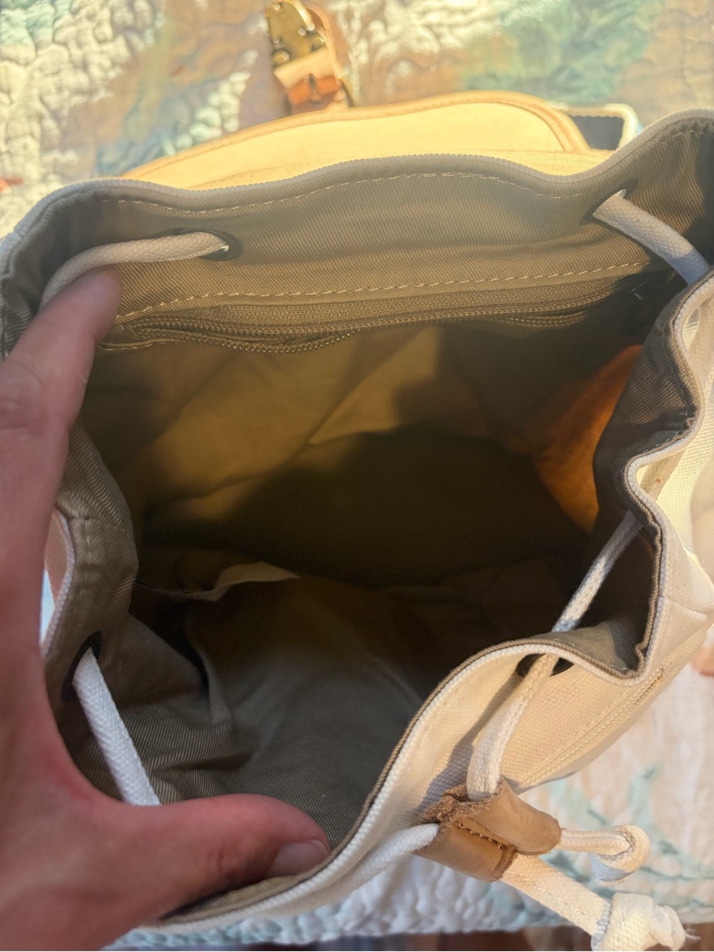 LL Bean Vintage Whale-Print Backpack with Leather Flap - Cream and Tan - Picture 5 of 10